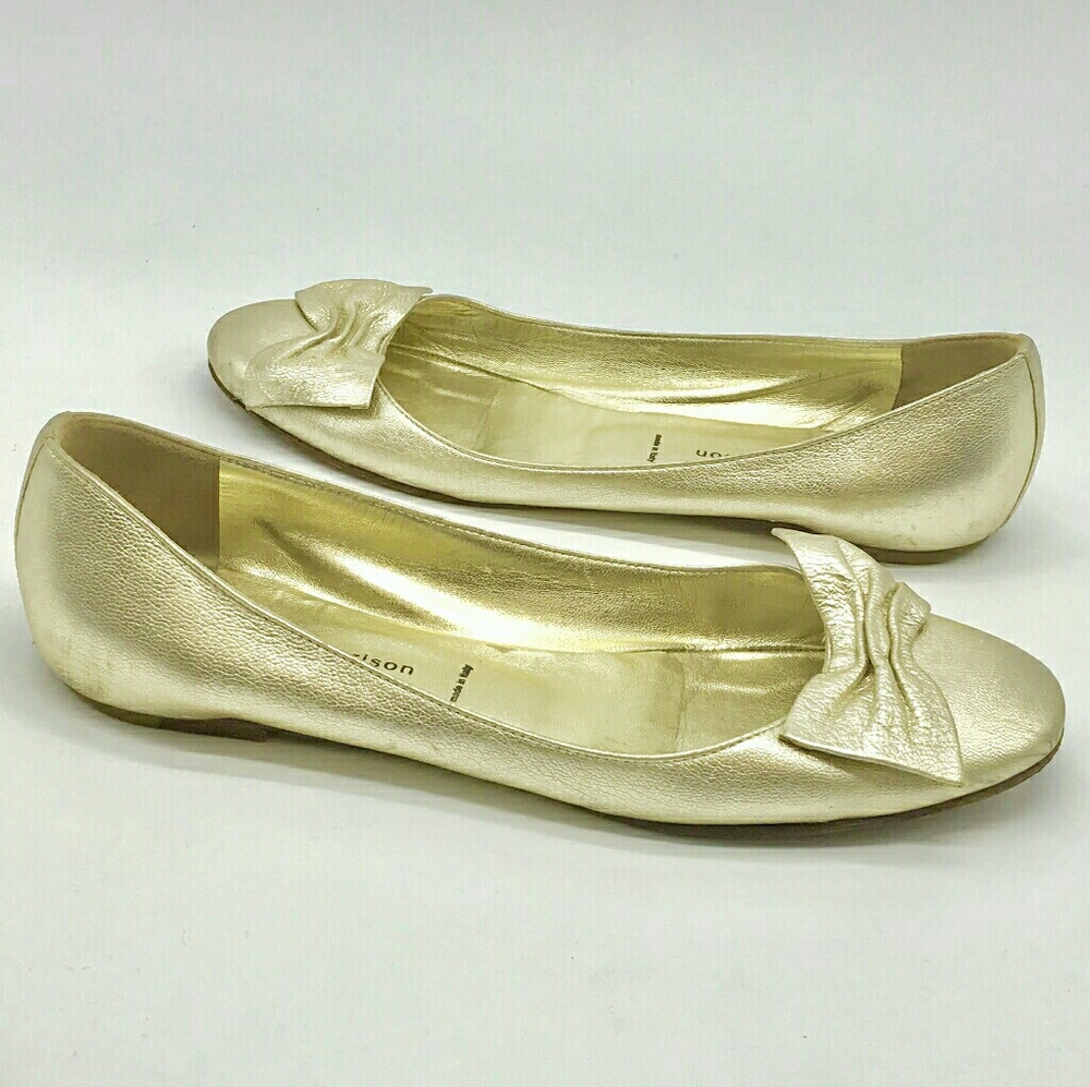 Sigerson Morrison Leather Gold Bow Tie Flats